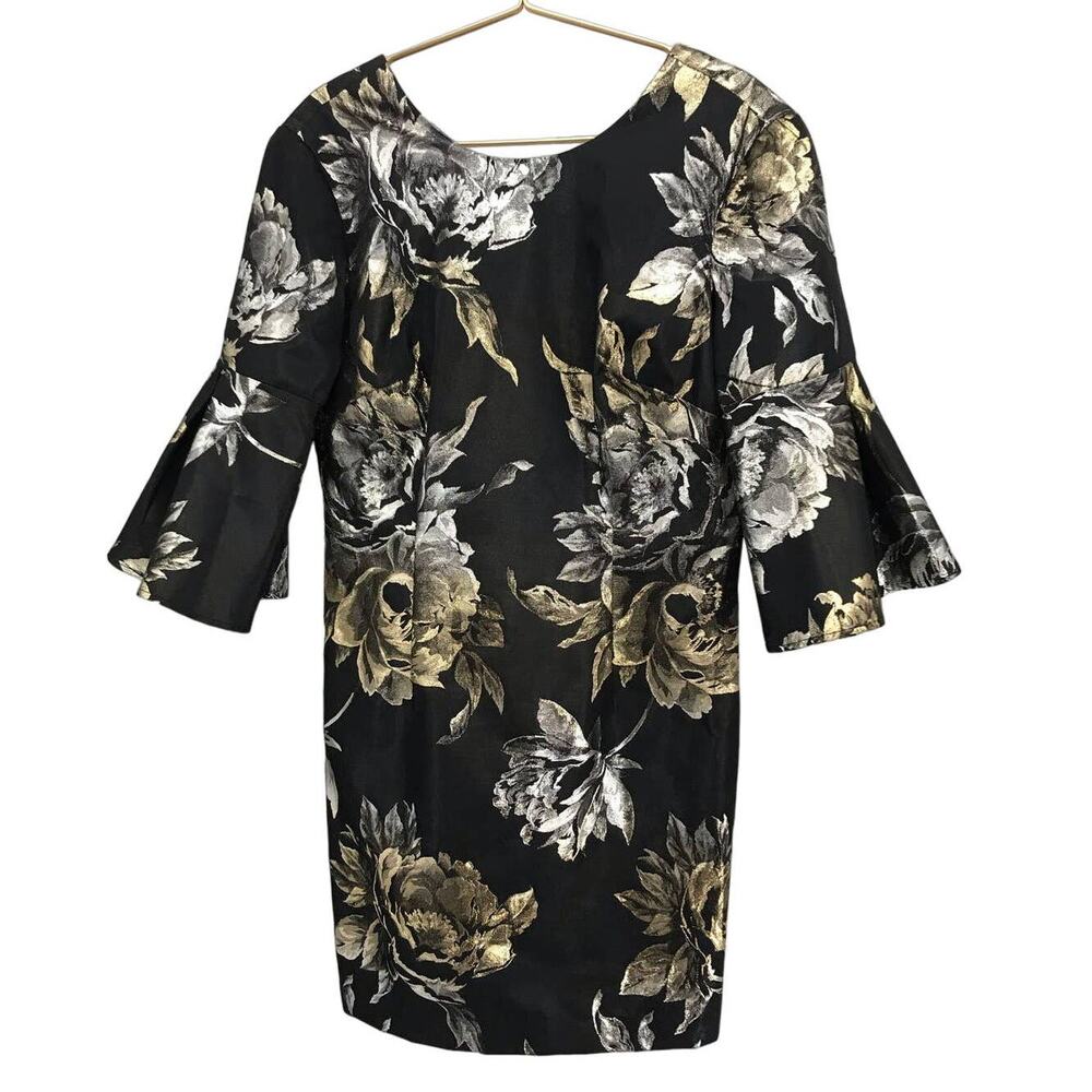 Trina Turk Rachelle Black Gold Jacquard Low Back Bell Sleeve Sheath Dress Size 8